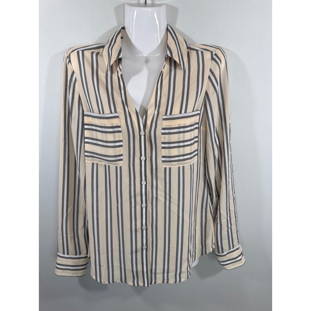 Express Beige Striped Roll-Tab Sleeve Button-Up Blouse Women XS NWT Career Wear